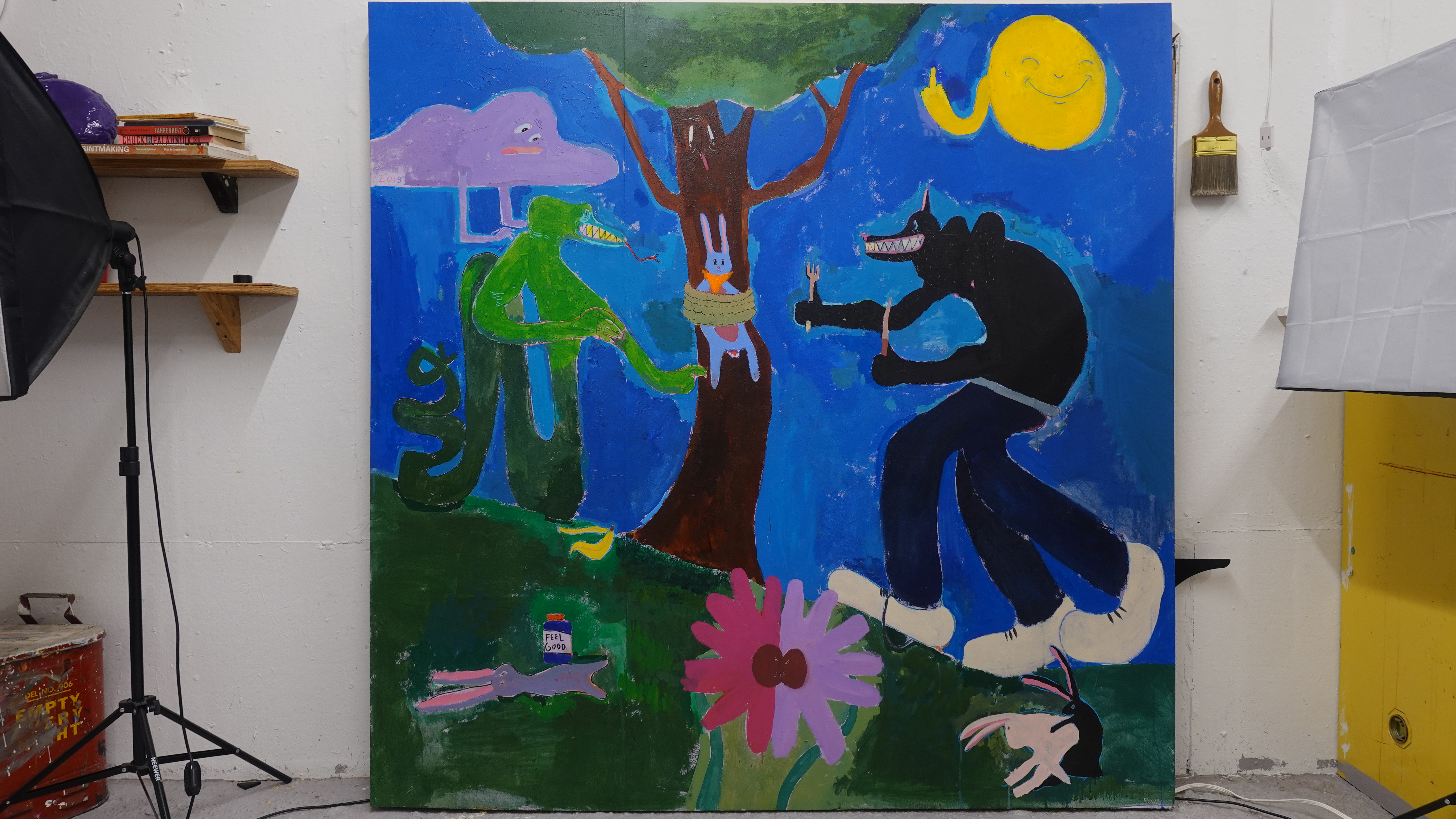 A large blue figurative painting in Jason Correia’s studio in 2023