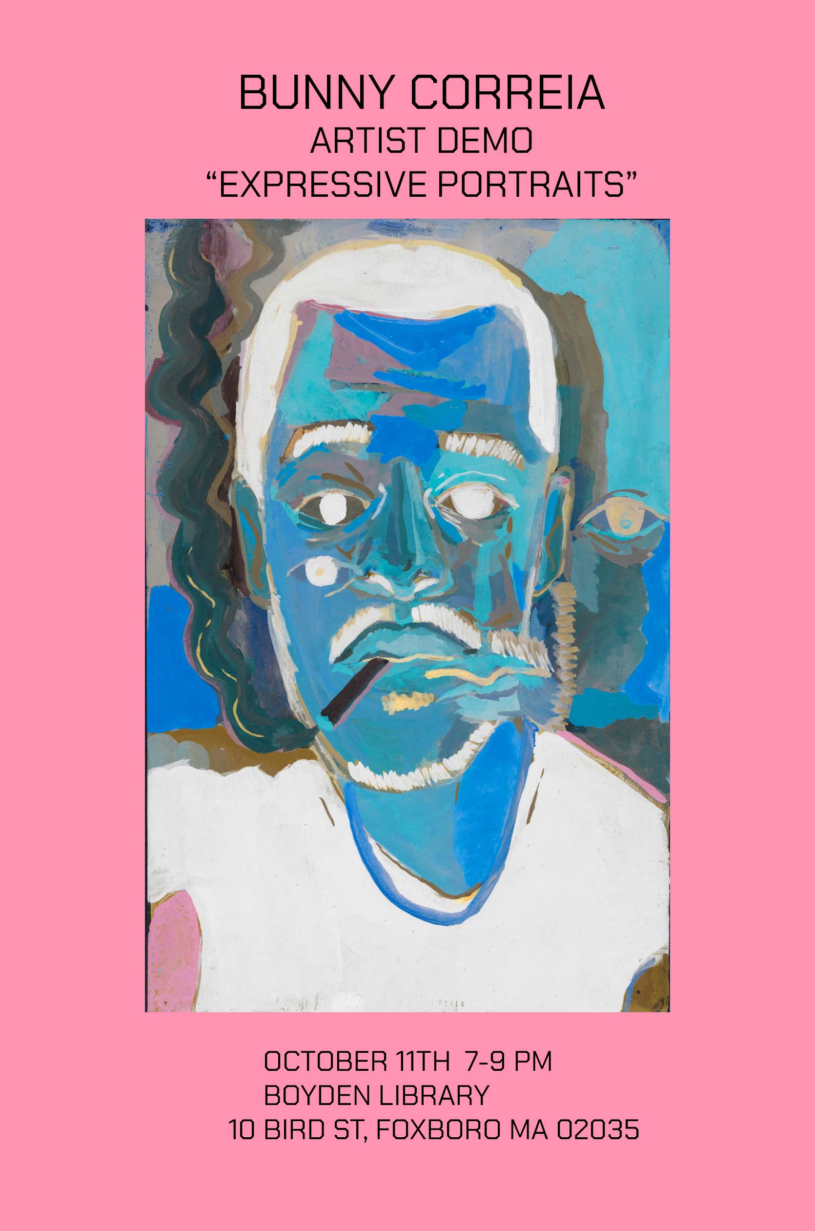 Poster for Bunny Correia’s Expressive Portraits artist demonstration at Boyden Library